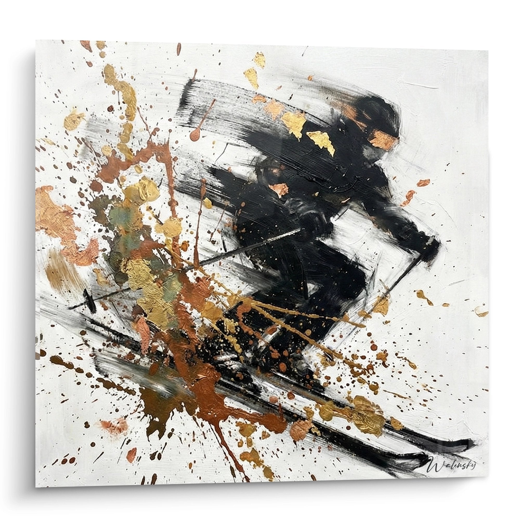 Tableau abstrait representant un skieur en mouvement avec eclats de peinture noire doree sur fond blanc