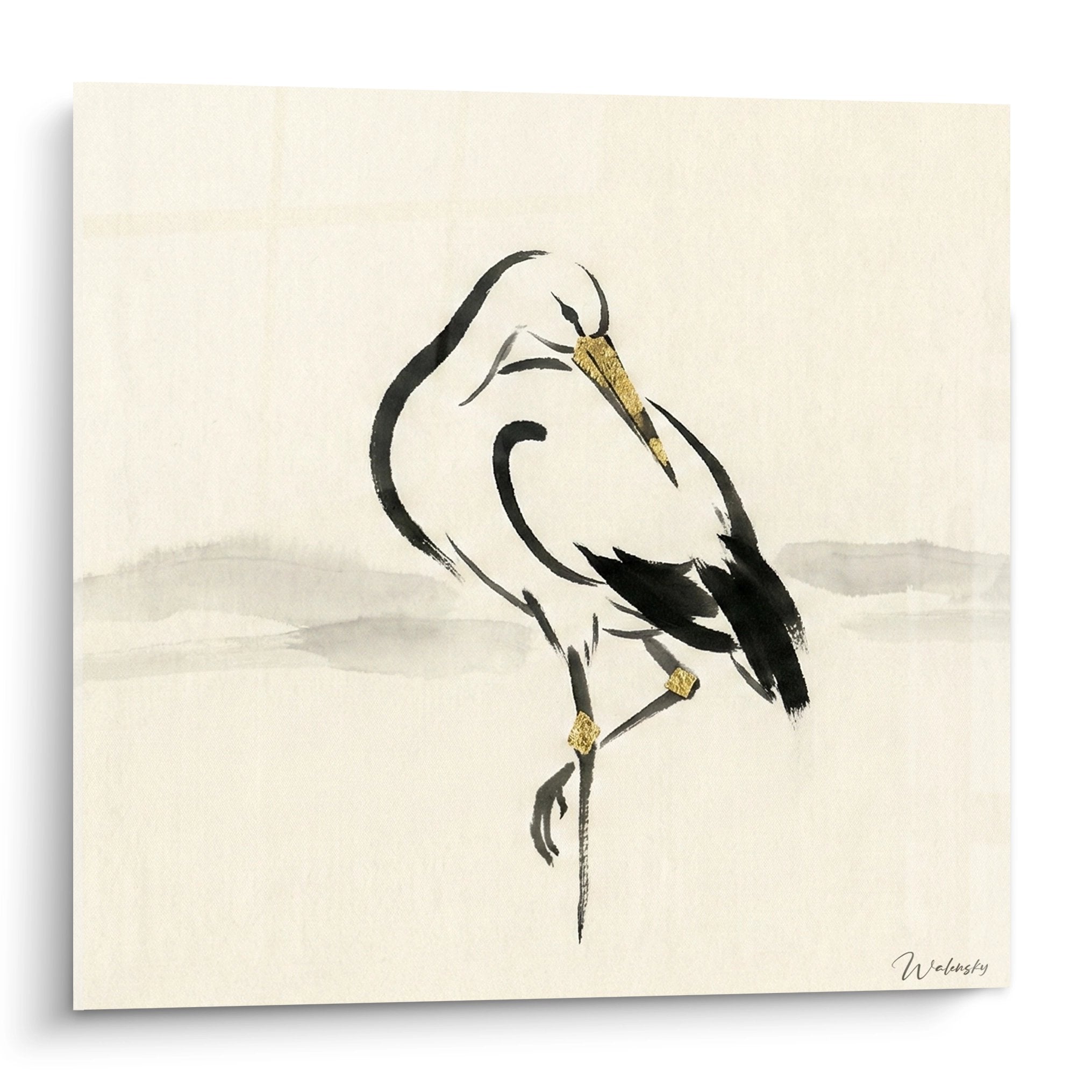 Tableau mural cigogne minimaliste noir et or sur fond crème, style contemporain elegant pour decoration