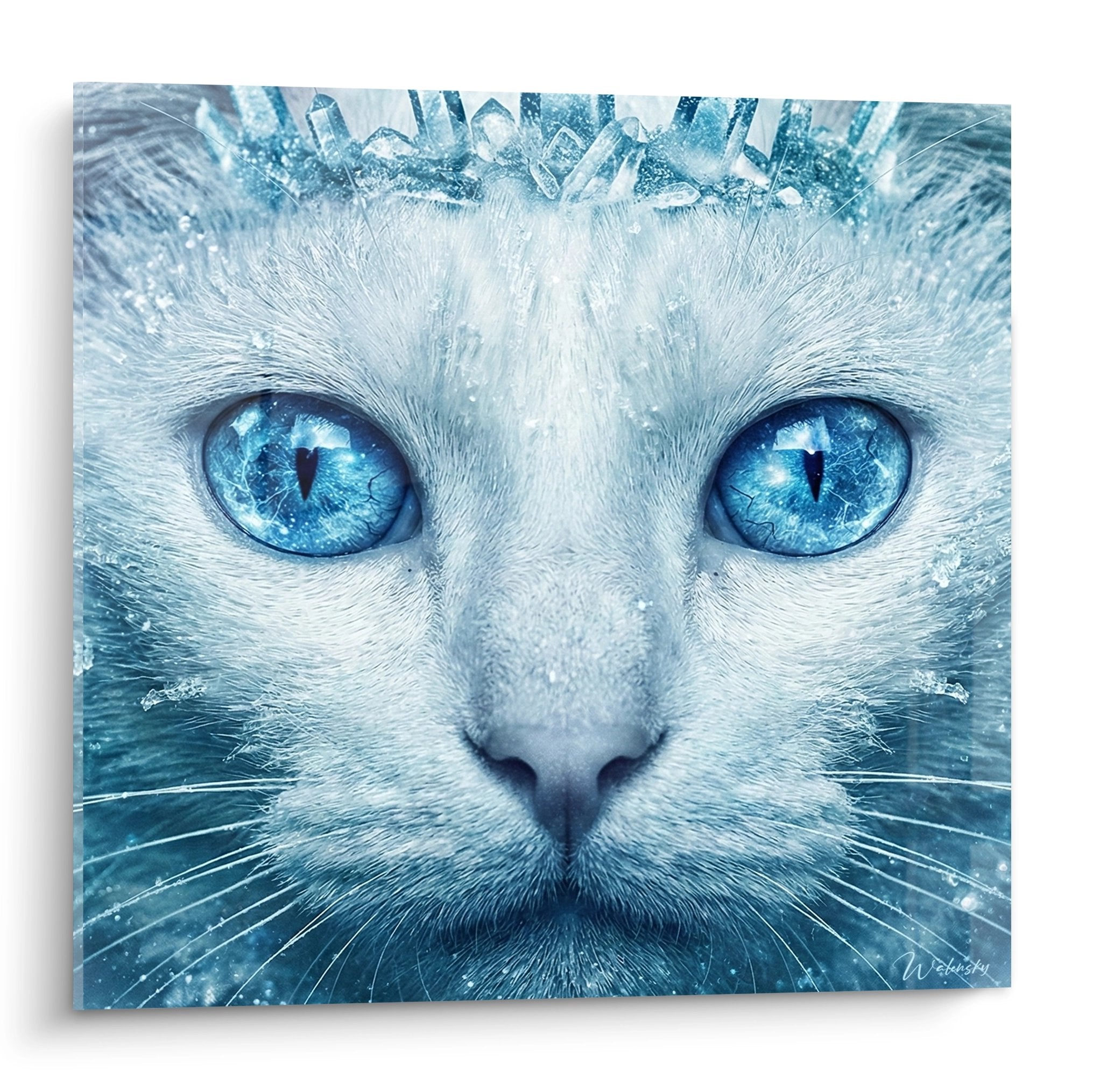 Tableau chat Khao Manee blanc aux yeux bleus avec cristaux de glace sur le front, regard mystique et intense