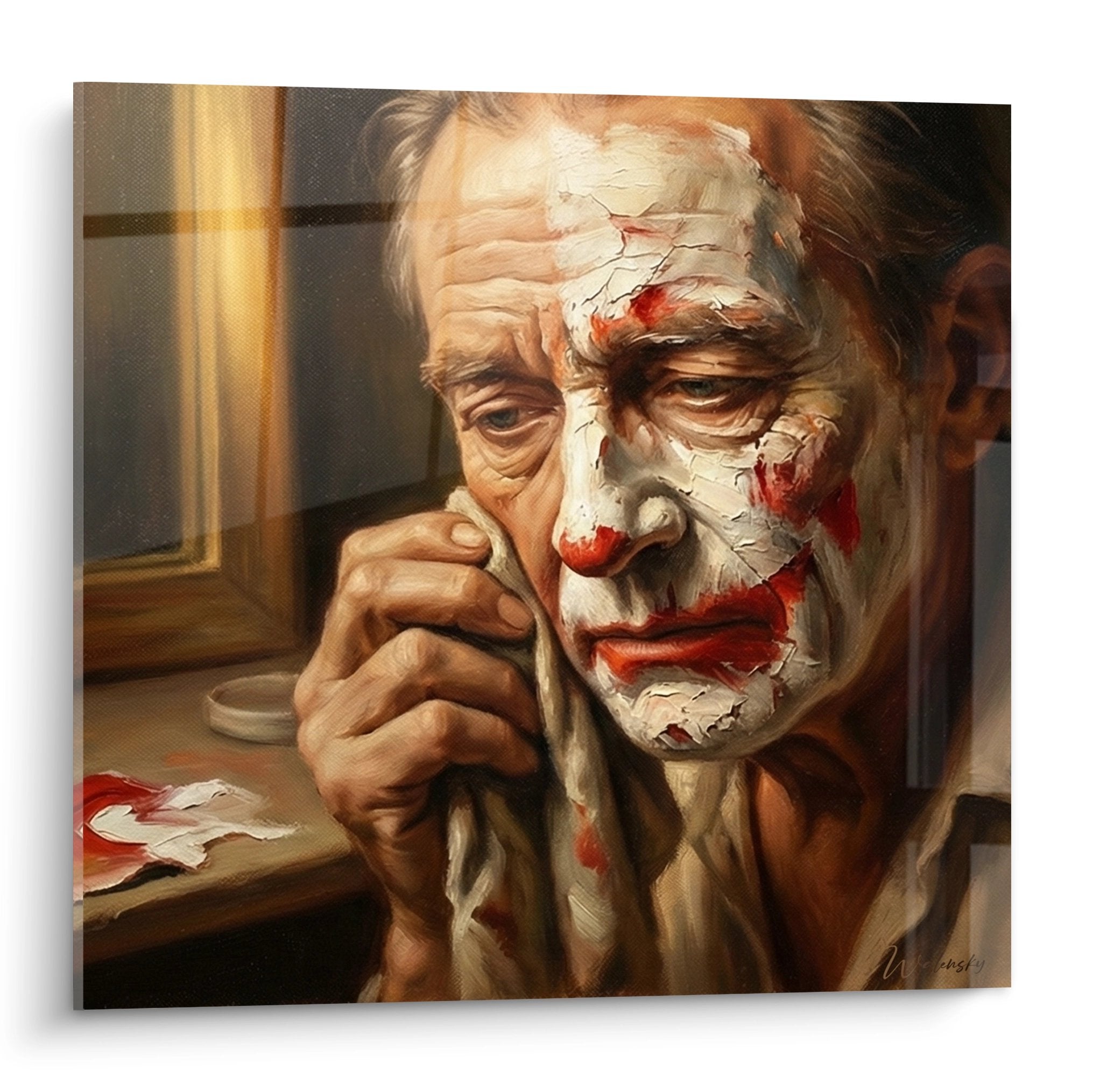 Tableau portrait d'un clown age au maquillage ecaille dans une atmosphere melancolique edition cirque