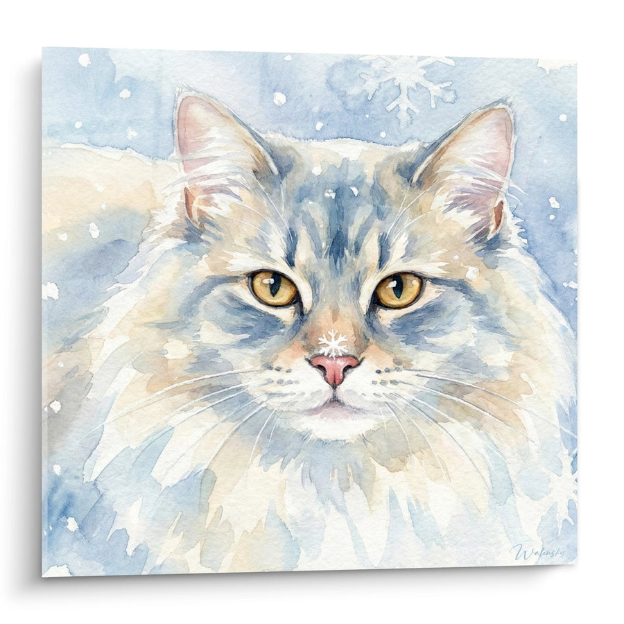 Tableau Chat aux Yeux Dorés sous la Neige - Aquarelle Hivernale - Edition chat Kurilian Bobtail