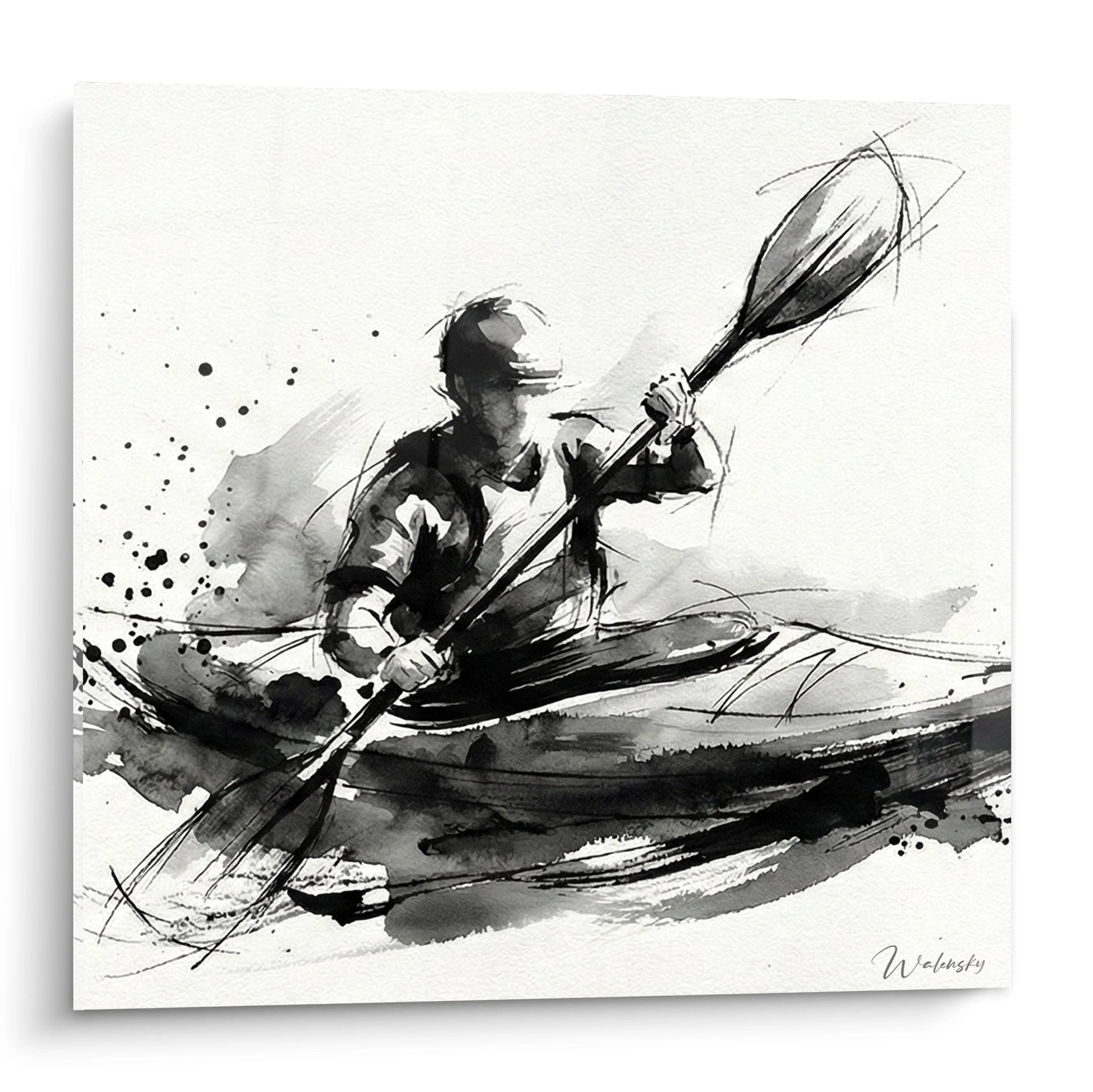 Tableau artistique kayakeur encre noire avec pagaie levee sur fond blanc style aquarelle monochrome