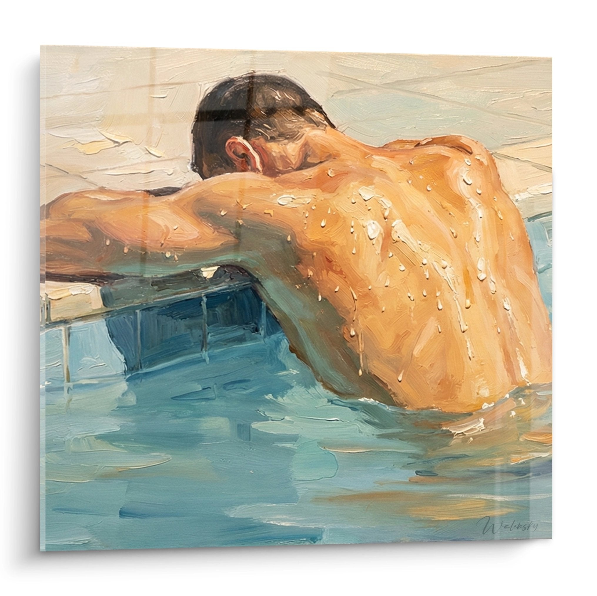 Tableau artistique représentant un nageur dans une piscine aux eaux bleues turquoise avec gouttes d'eau sur la peau
