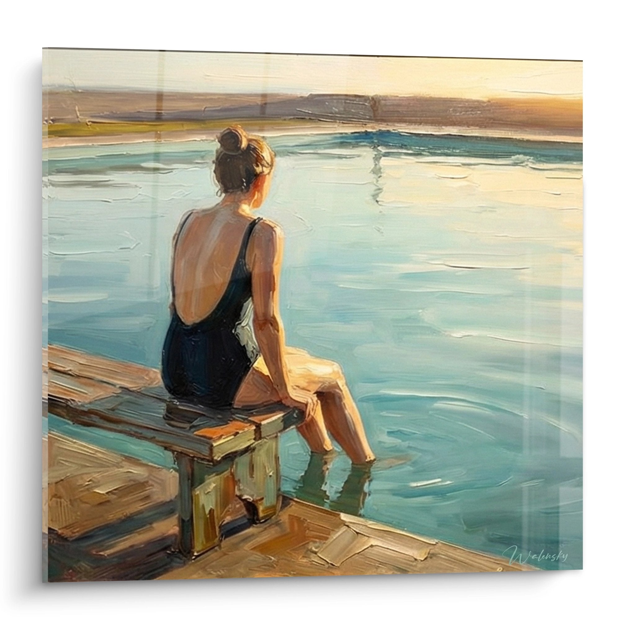 Tableau femme en maillot assise sur ponton bord de l'eau contemplant paysage aquatique au coucher de soleil
