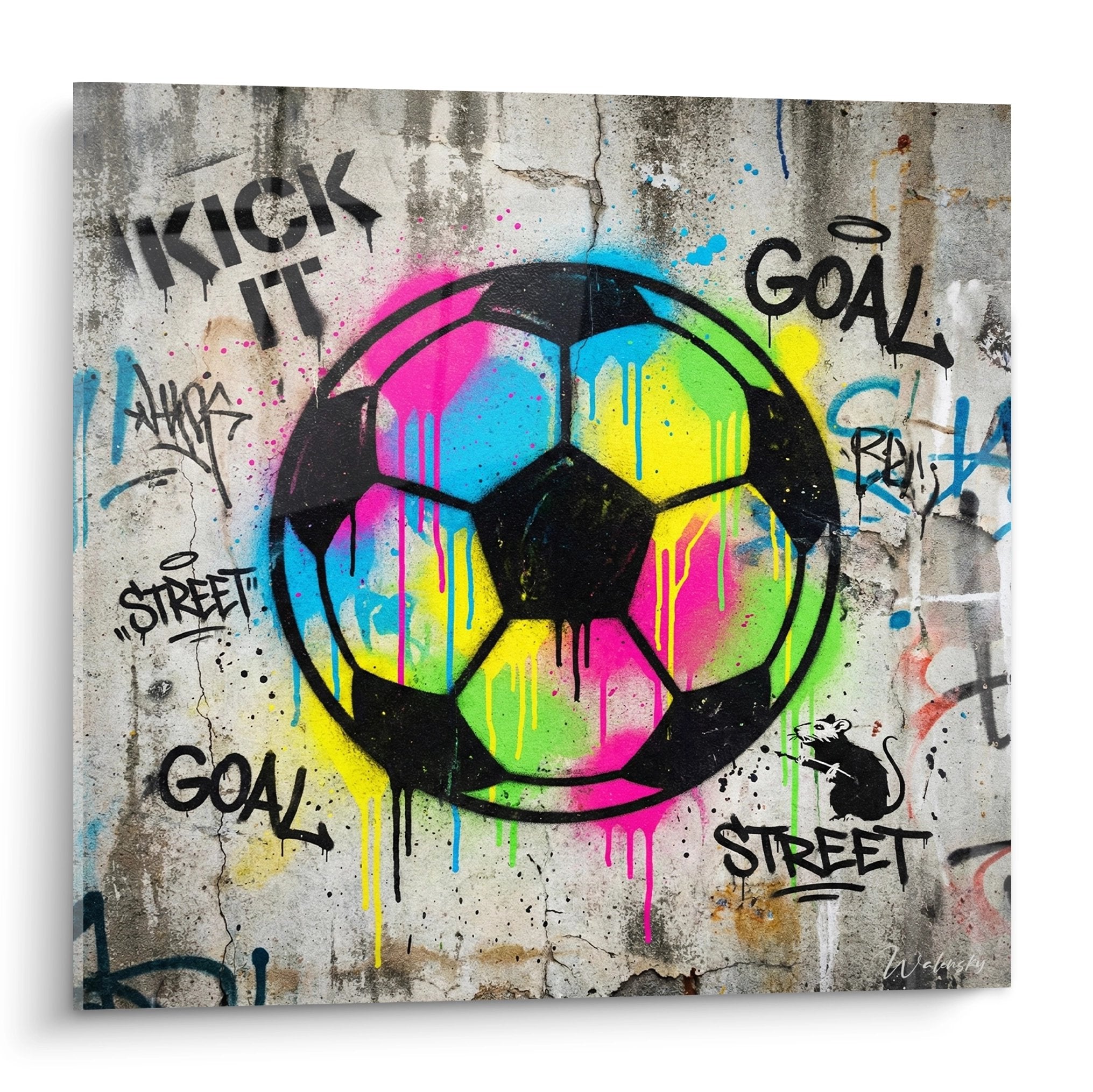 Tableau football street art avec ballon multicolore sur mur graffiti et inscriptions urbaines kick it goal