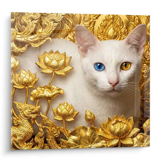 Schilderij Siamese Kat Khao Manee met Mozaïekogen en Gouden Lotusbloemen - Thaise Pracht - Khao Manee kat editie