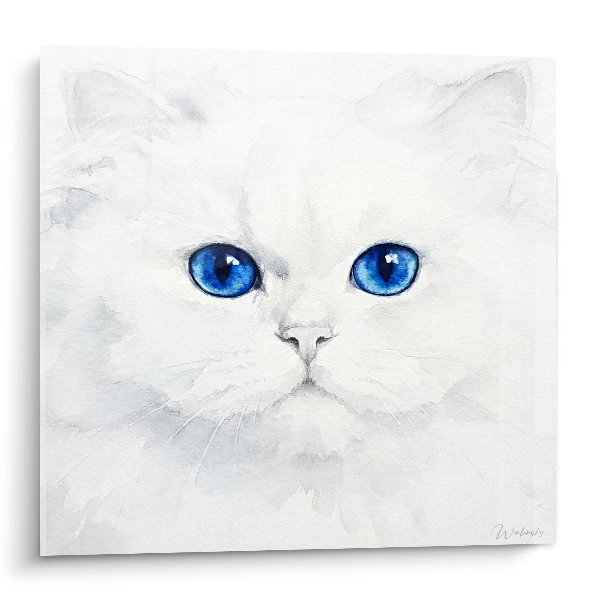 Tableau artistique chat persan blanc aux yeux bleus intenses, portrait realiste pour decoration murale