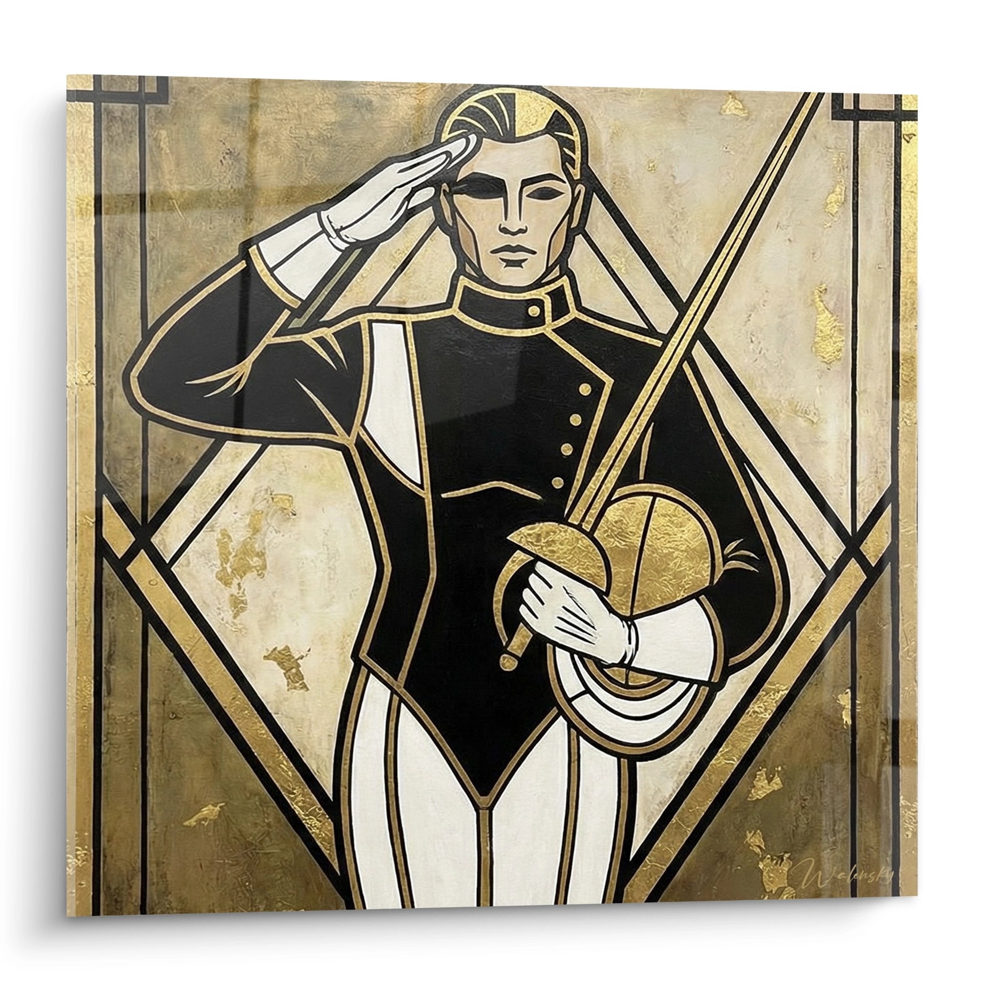 Quadro Art Déco raffigurante uno schermitore in abito nero e dorato che esegue un saluto, tenendo maschera e spada