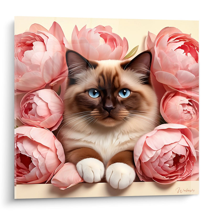 Tableau Chat Birman aux Pivoines Roses - Tendresse Florale - Edition chat Birman