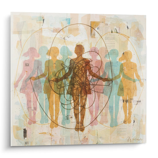 Modernes Gemälde mit farbigen Silhouetten in Rosa, Blau, Ocker, die eine menschliche Kette bilden, goldene Kreise, Collage-Hintergrund mit Texten