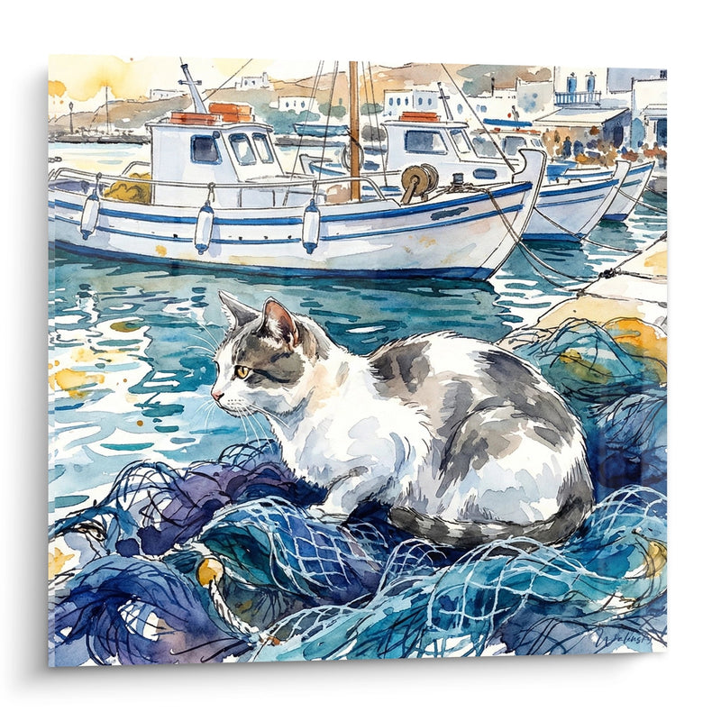 Tableau Chat du Port - Aquarelle Maritime - Edition chat European Shorthair