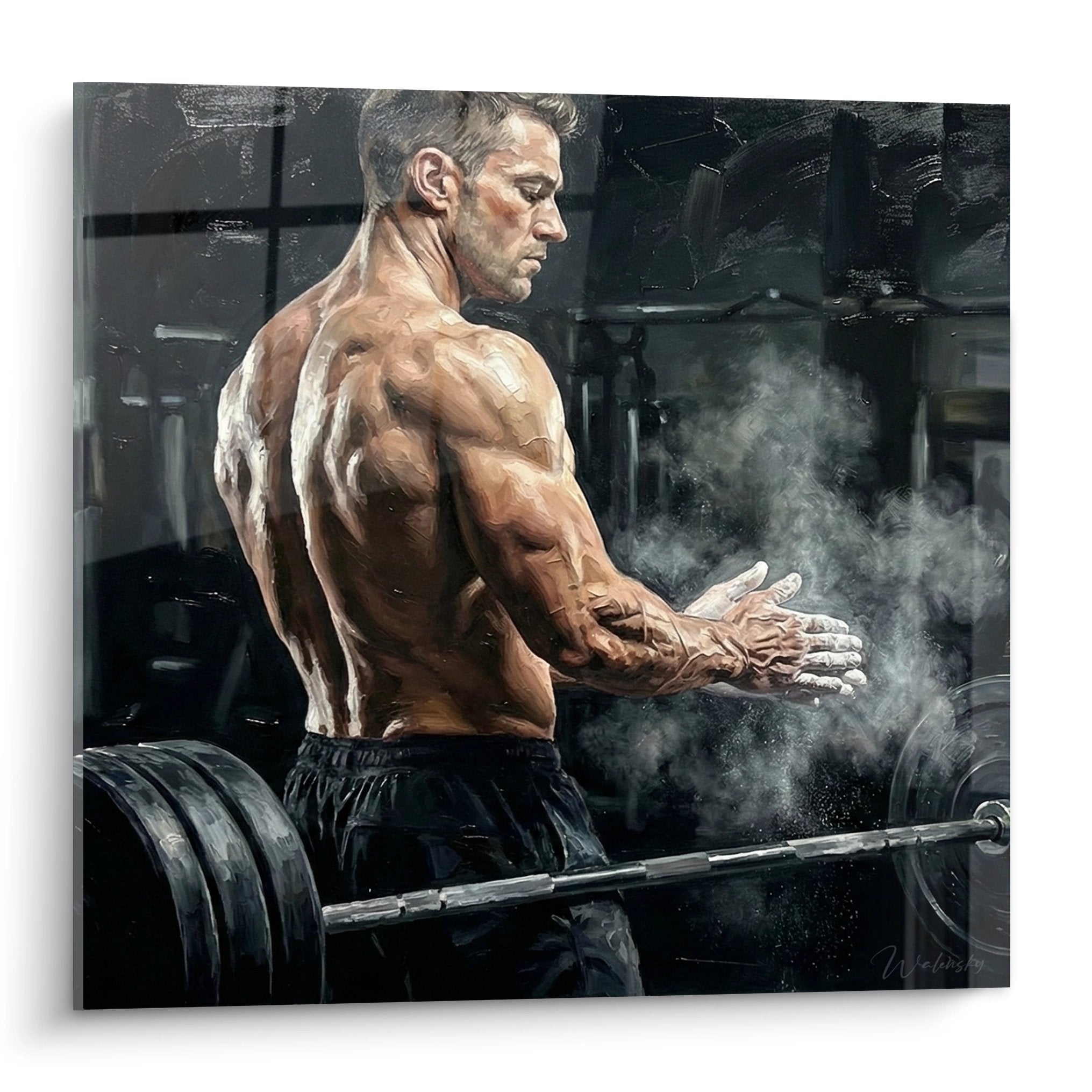 Tableau musculation homme athletique appliquant magnesie mains salle sport barre poids motivation fitness