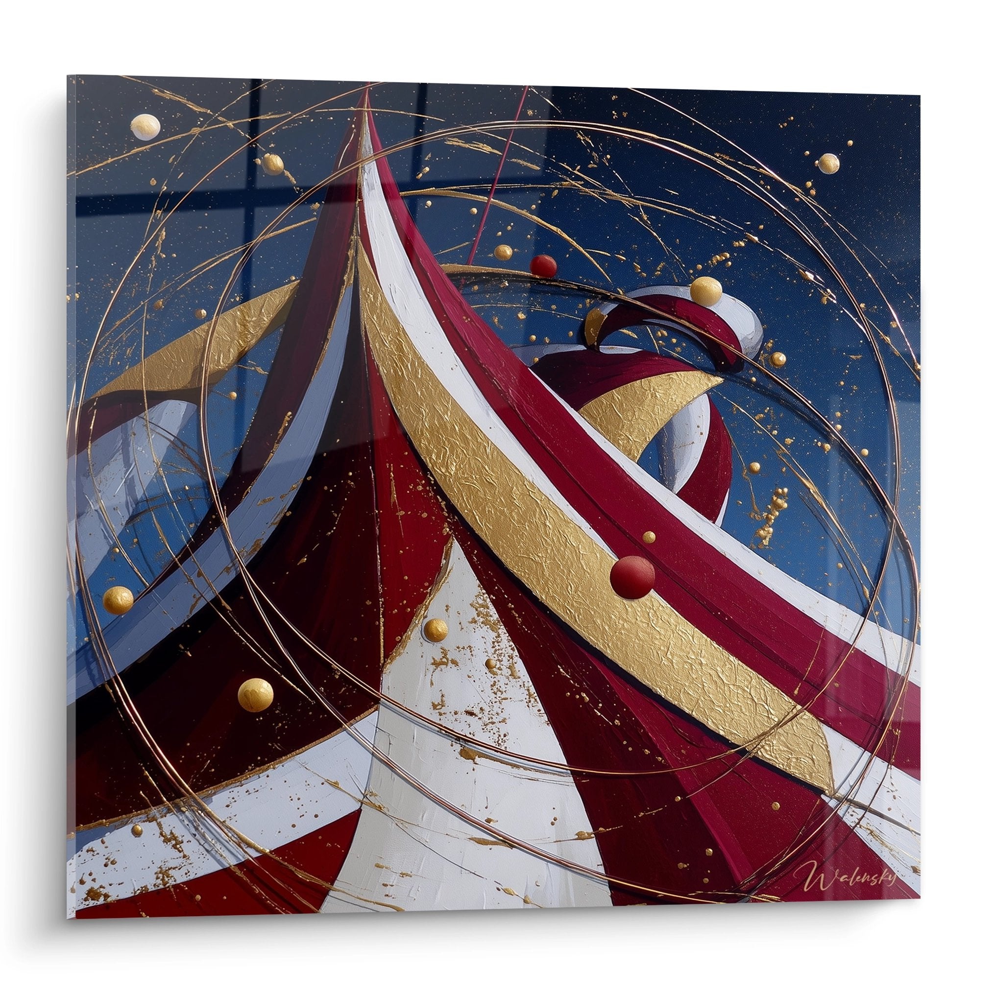 Tableau abstrait cosmos aux courbes dorées et rubans colorés flottant dans espace étoilé bleu, style art moderne