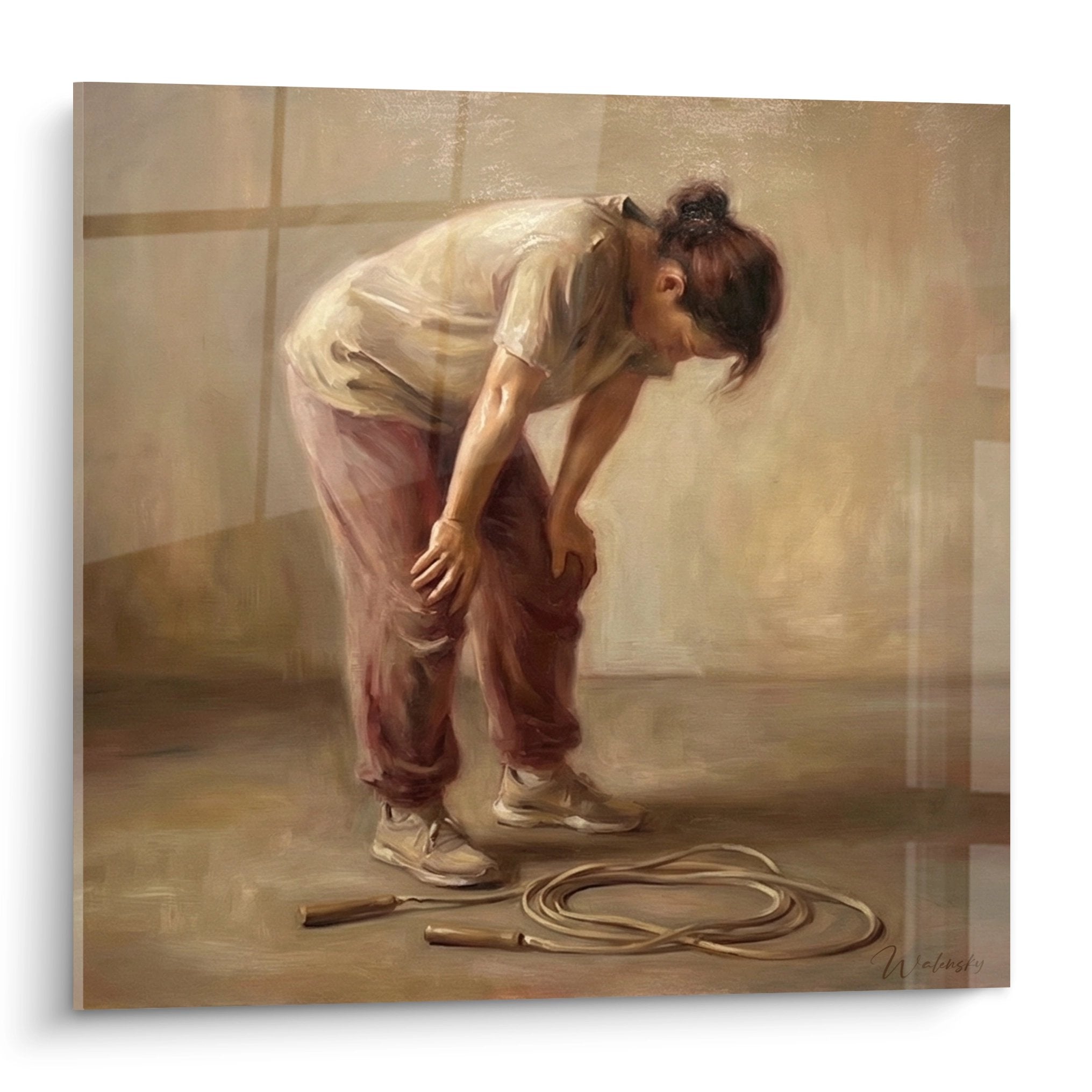 Tableau representant une jeune fille se preparant a la corde a sauter dans une lumiere doree