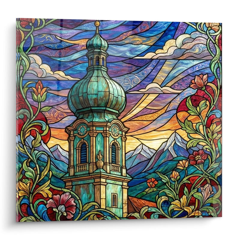 Alpine Church Art Nouveau Painting - Mountain Stained Glass - The Alps Edition