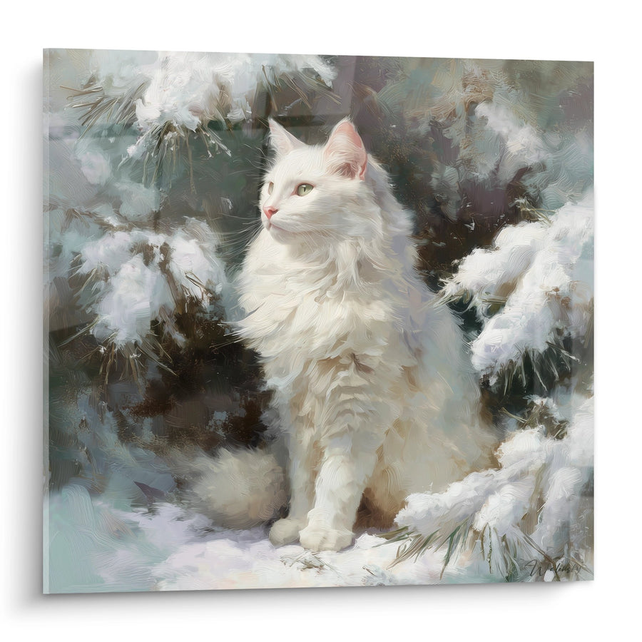 Tableau chat Turkish Angora blanc dans la neige - Élégance hivernale - Edition chat Turkish Angora