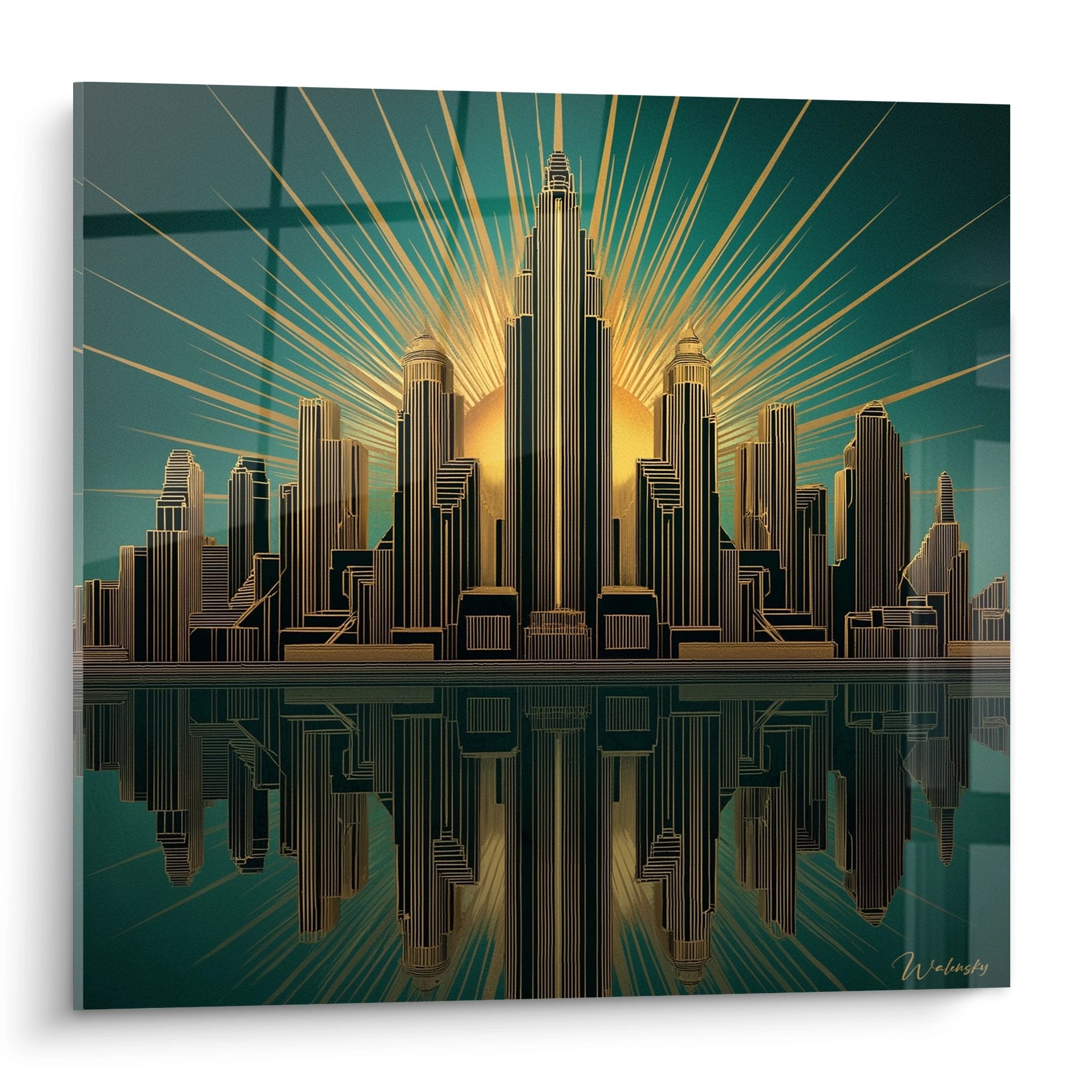 Tableau art déco représentant des gratte-ciel dorés avec reflets dans l'eau et rayons de soleil sur fond turquoise