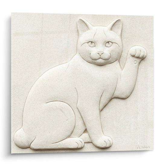 Cuadro Gato Japanese Bobtail en Relieve - Escultura Minimalista Blanca - Edición gato Japanese Bobtail