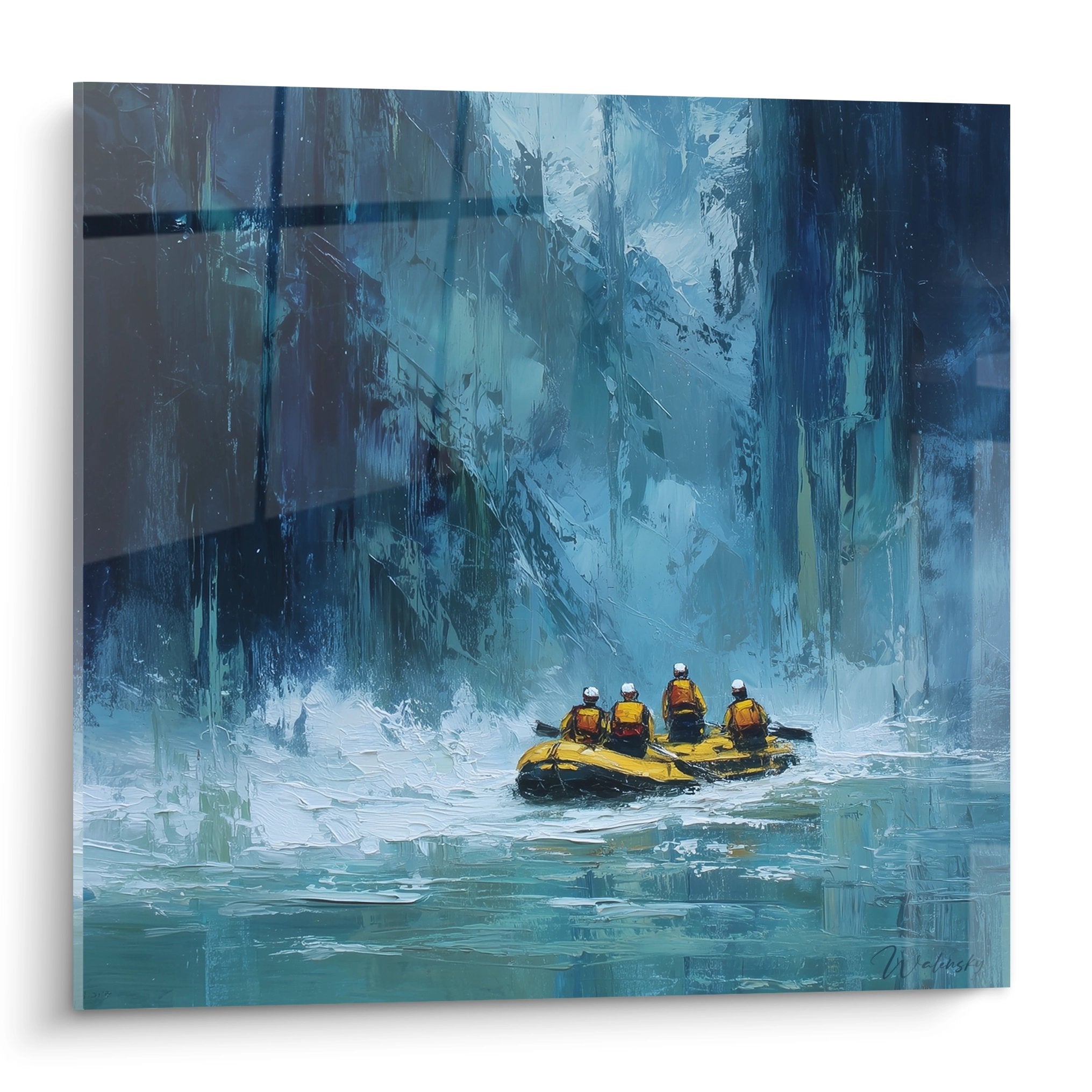 Gemälde Rafting in Gletschercanyon mit vierköpfigem Raftingteam in gelben Westen, das durch felsige blaue Landschaft navigiert