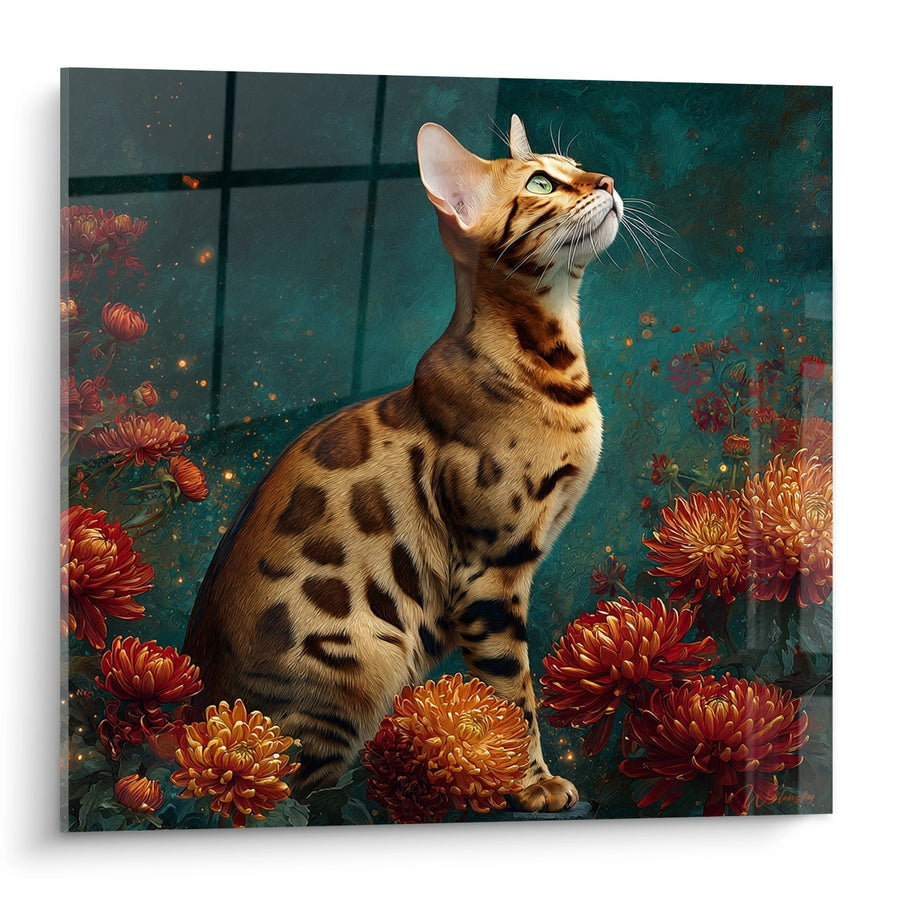 Tableau Chat Bengal aux Chrysanthèmes - Regard Céleste - Edition chat Bengal