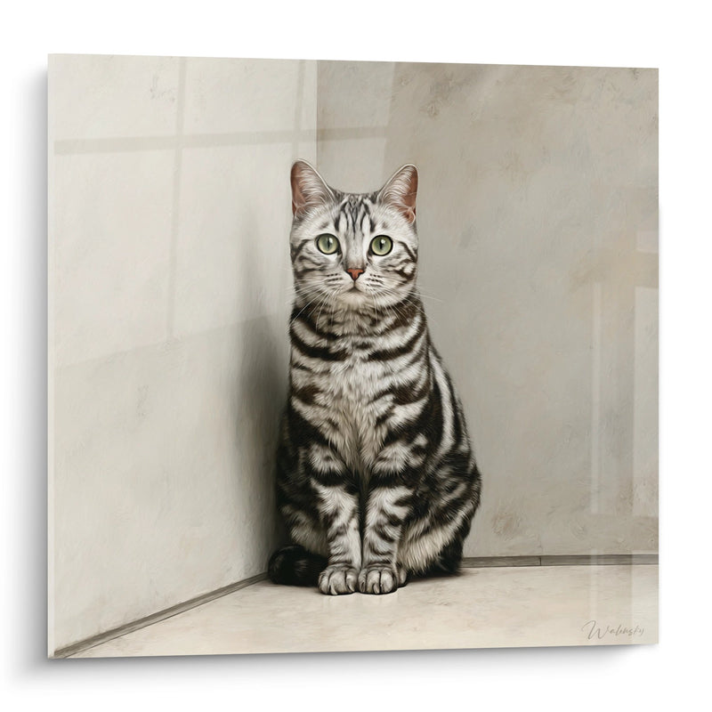 Tableau chat American Shorthair assis - Portrait elegant dans angle - Edition chat American Shorthair