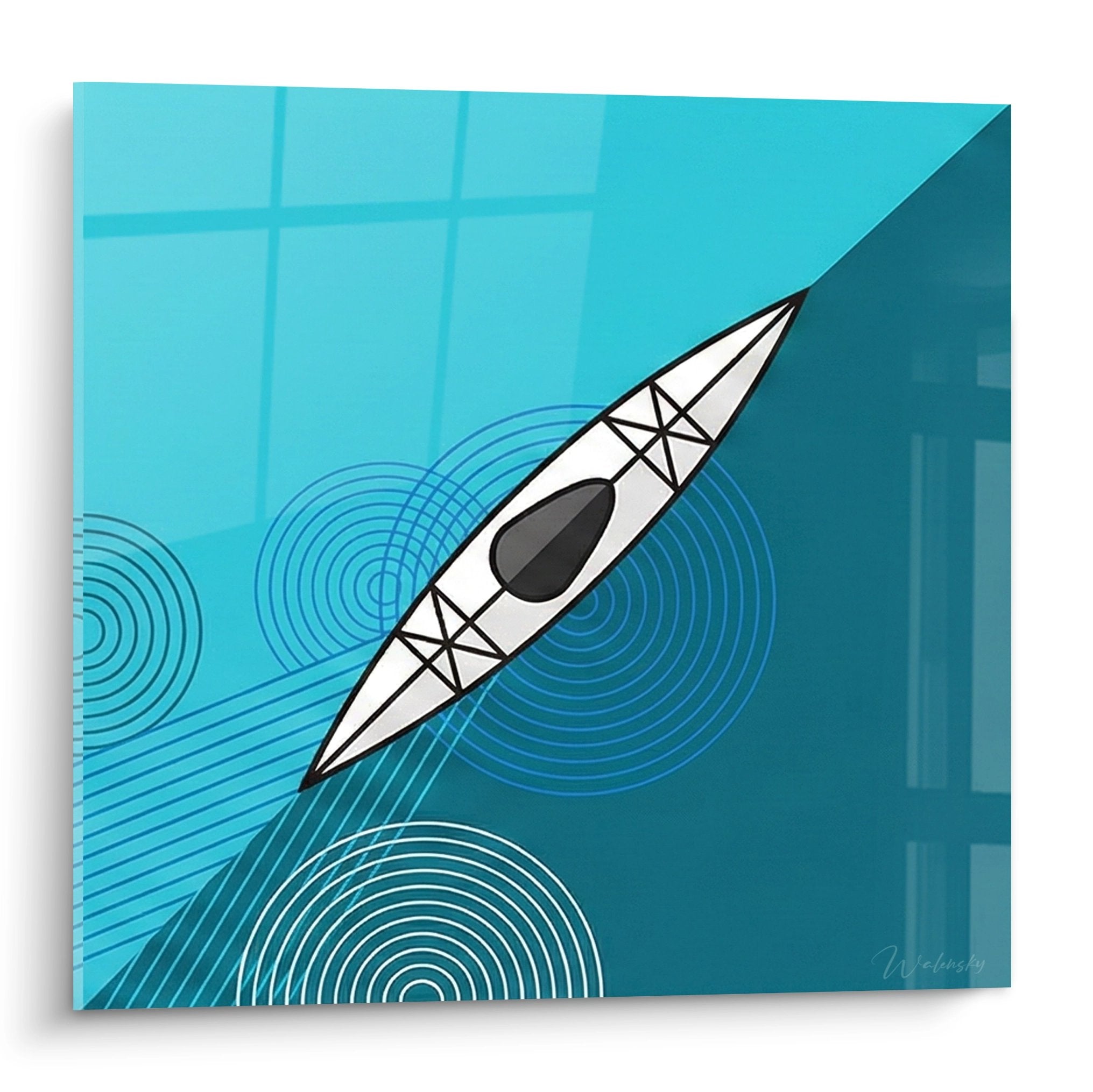 Tableau moderne kayak blanc sur fond turquoise avec motifs de vagues concentriques stylisées