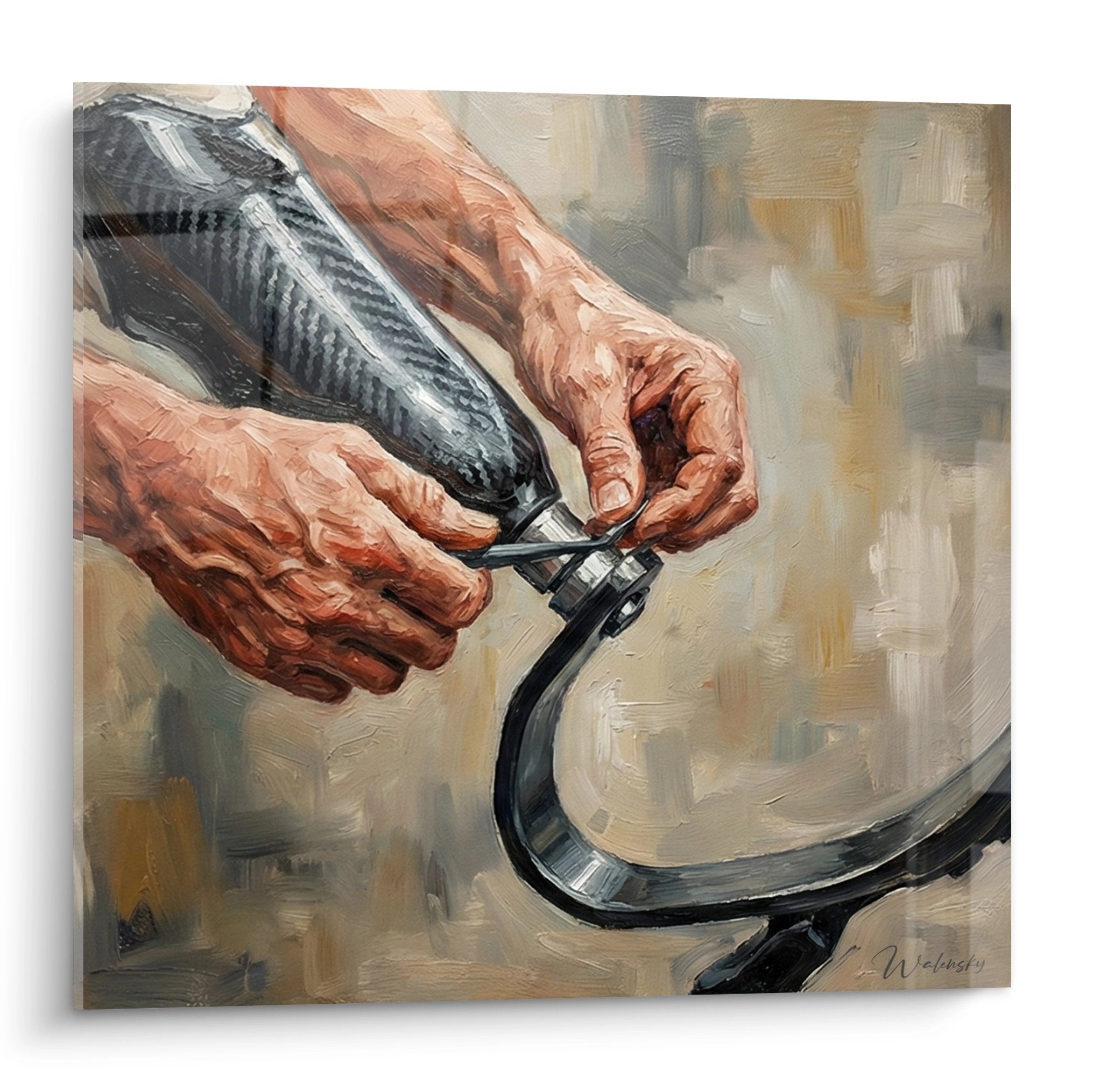 Tableau artistique montrant des mains ajustant une prothese de jambe, peinture style paralympique