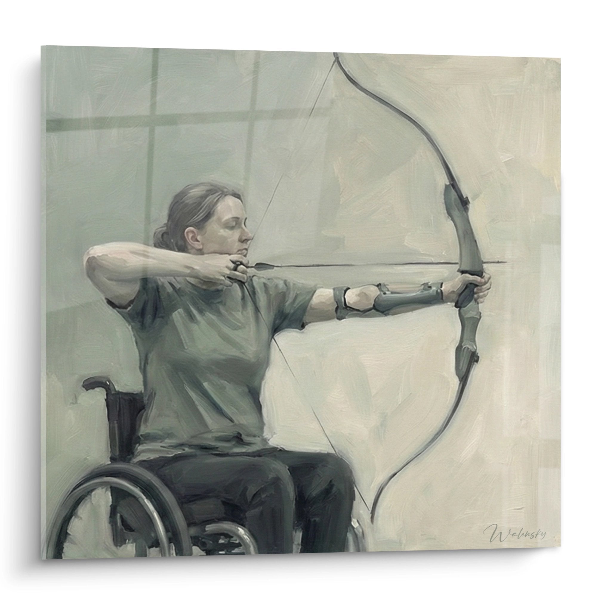 Tableau d'une archeresse en fauteuil roulant visant avec son arc, art paralympique en tons verts et beiges