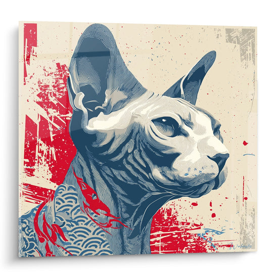 Quadro murale gatto Sphynx stile street art rosso e blu, ritratto artistico moderno per decorazione