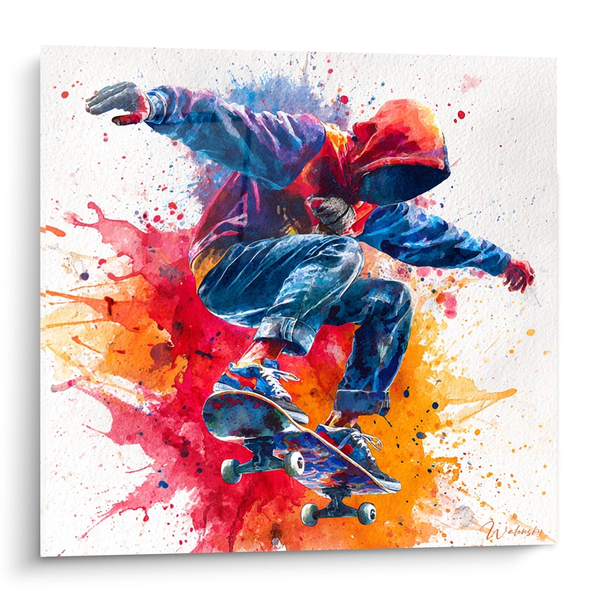 Tableau artistique skateur en action avec eclaboussures colorees rouge orange bleu style aquarelle moderne