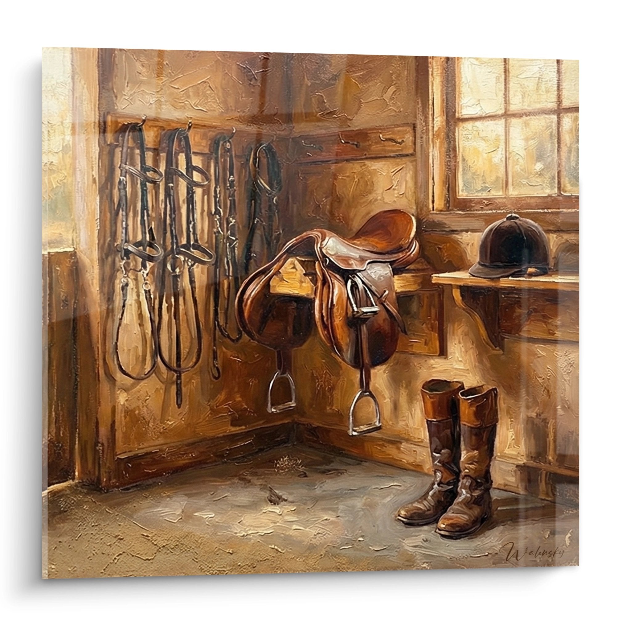 Quadro selleria equestre con selle in pelle, briglie e attrezzature in una tradizionale stanza dei finimenti illuminata dalla luce naturale