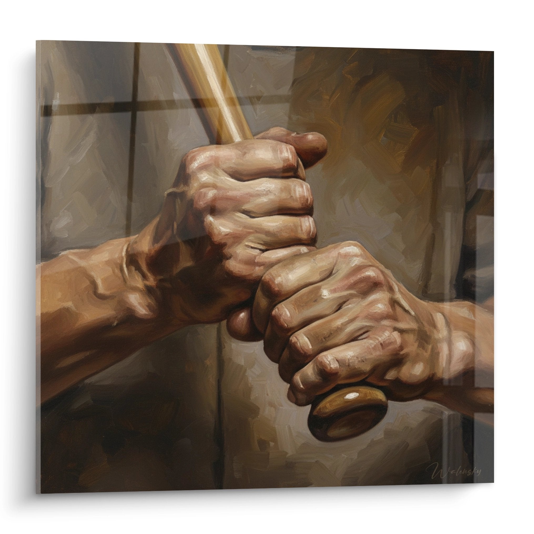 Tableau artistique montrant les mains d'un joueur de baseball tenant fermement sa batte