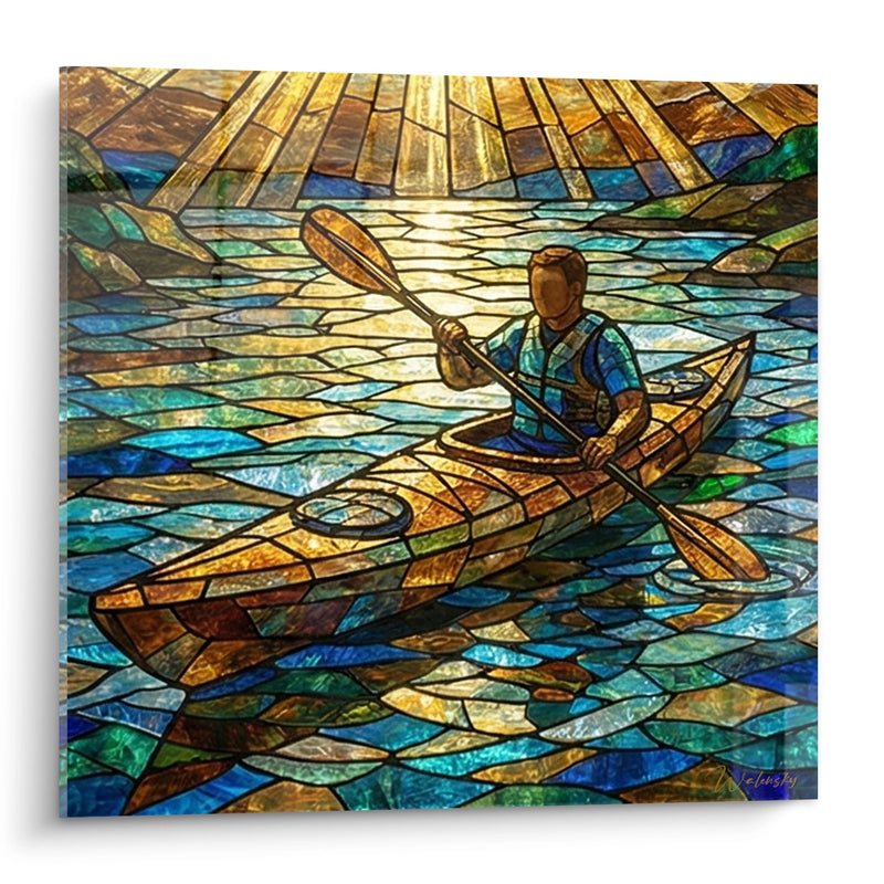 Stained Glass Kayaker Wall Art - Paddler on Golden Waters - Kayak Edition