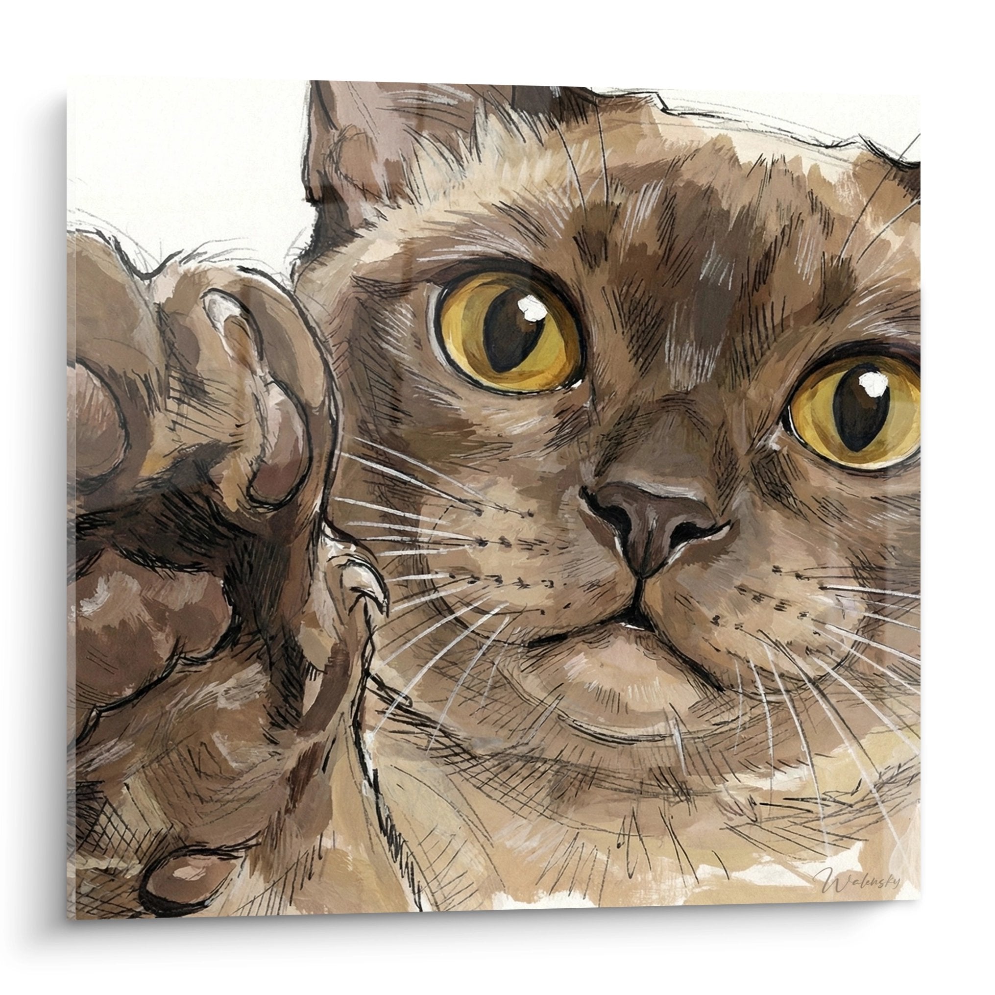 Portrait artistique de chat Burmese aux yeux dorés, peinture murale style expressionniste tons chauds