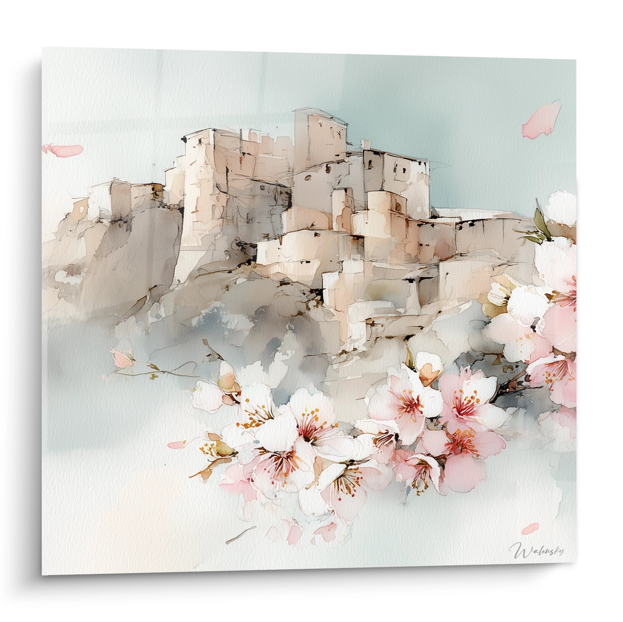 Tableau aquarelle chateau provencal avec fleurs de cerisier roses et blanches decoration murale provence