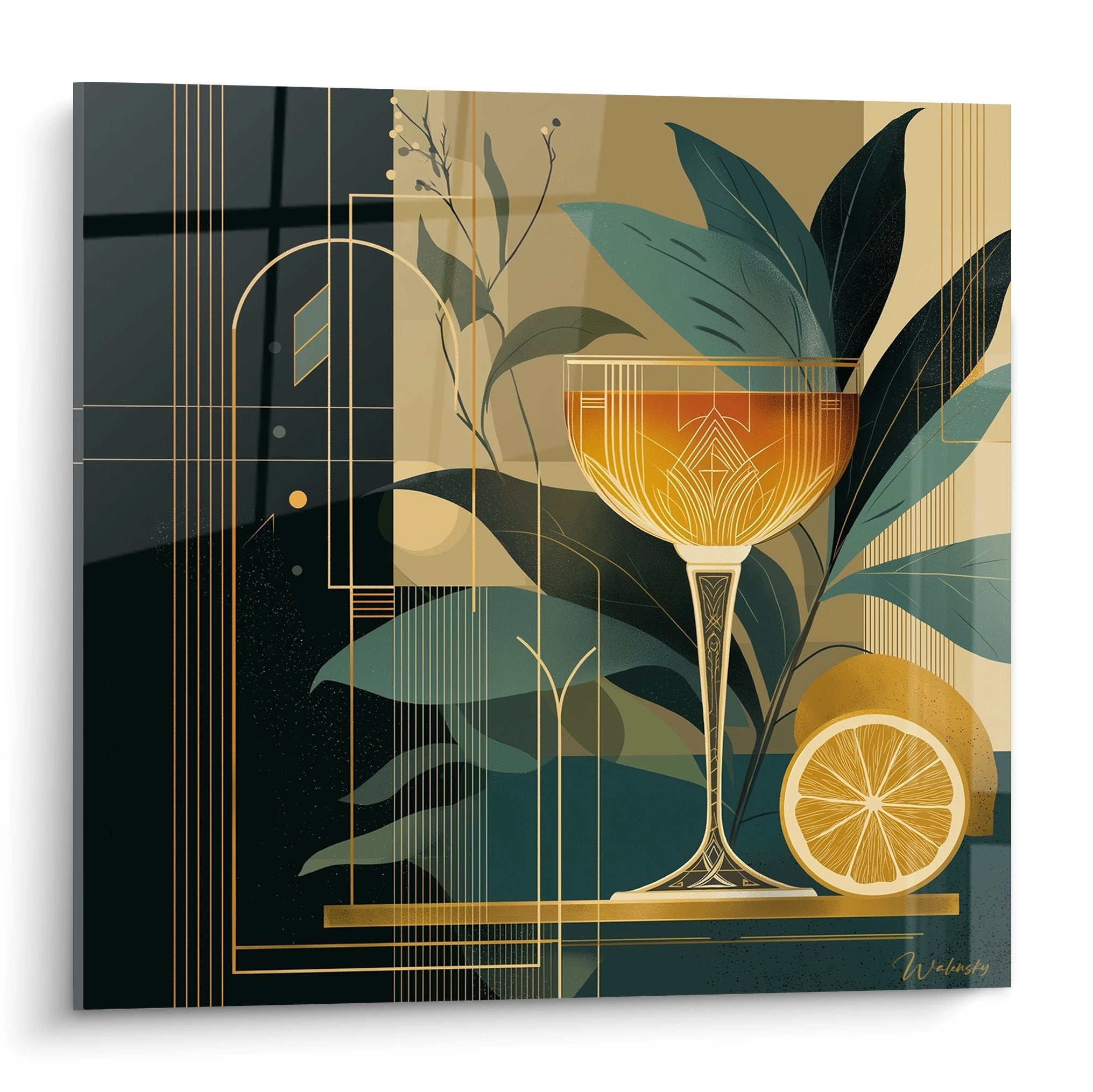 Tableau art déco cocktail doré avec feuilles vertes et motifs géométriques sur fond architectural chic