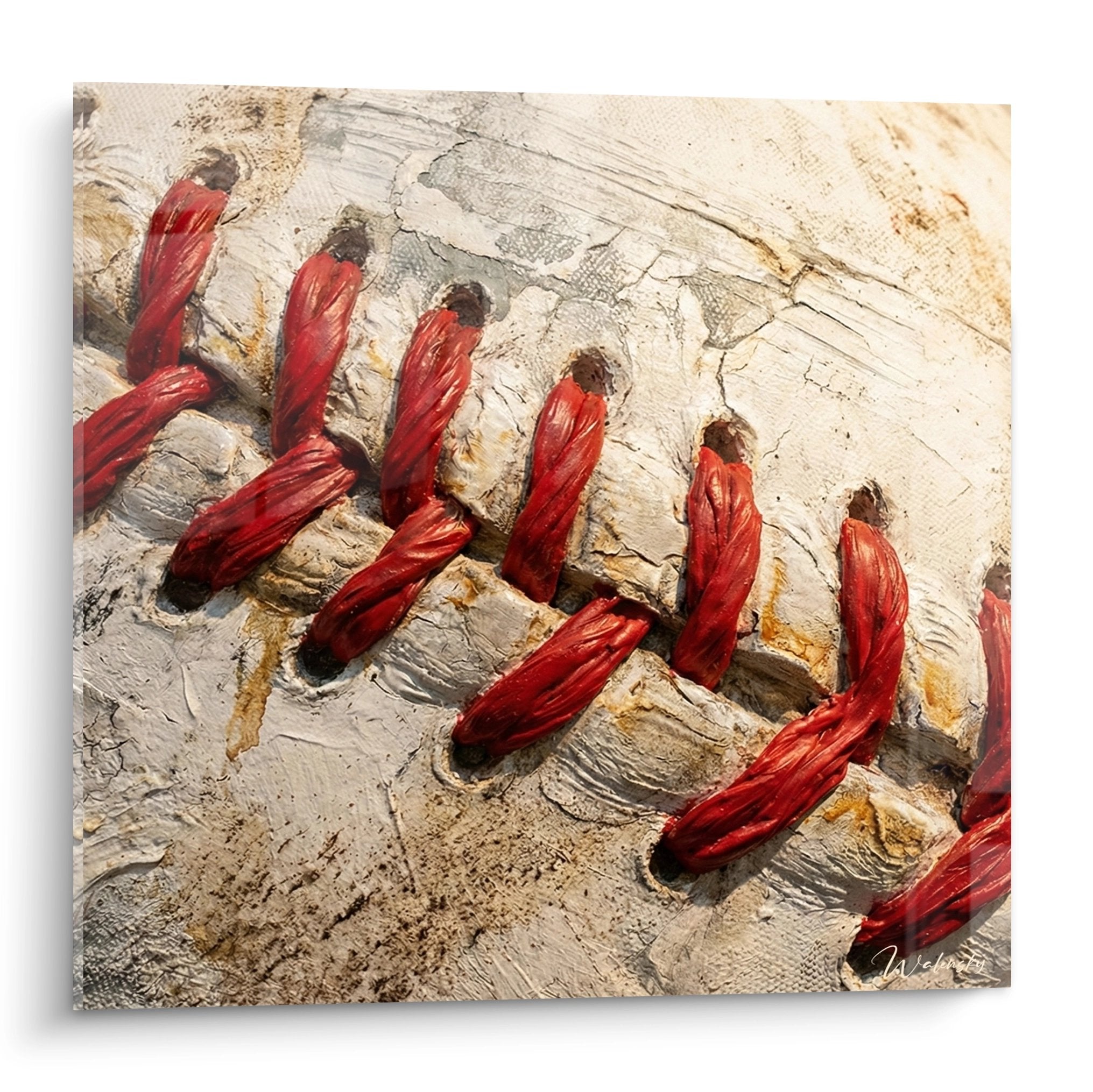 Tableau artistique montrant des lacets rouges de baseball sur fond texturé crème et beige