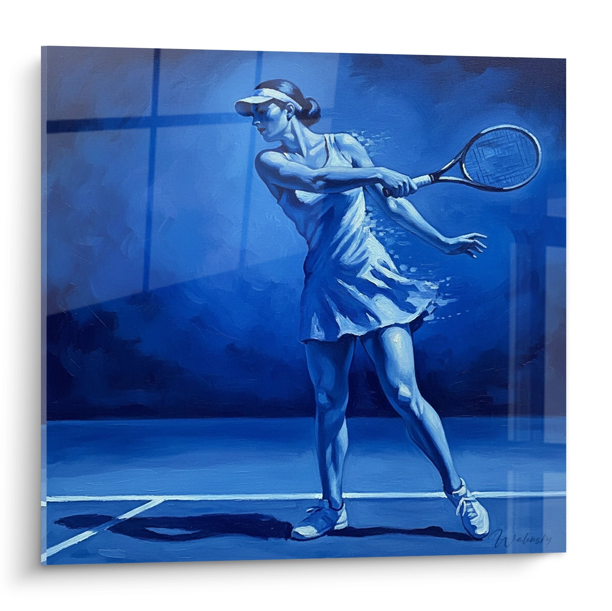 Tableau tennis moderne joueuse femme revers bleu art sport decoration murale contemporaine