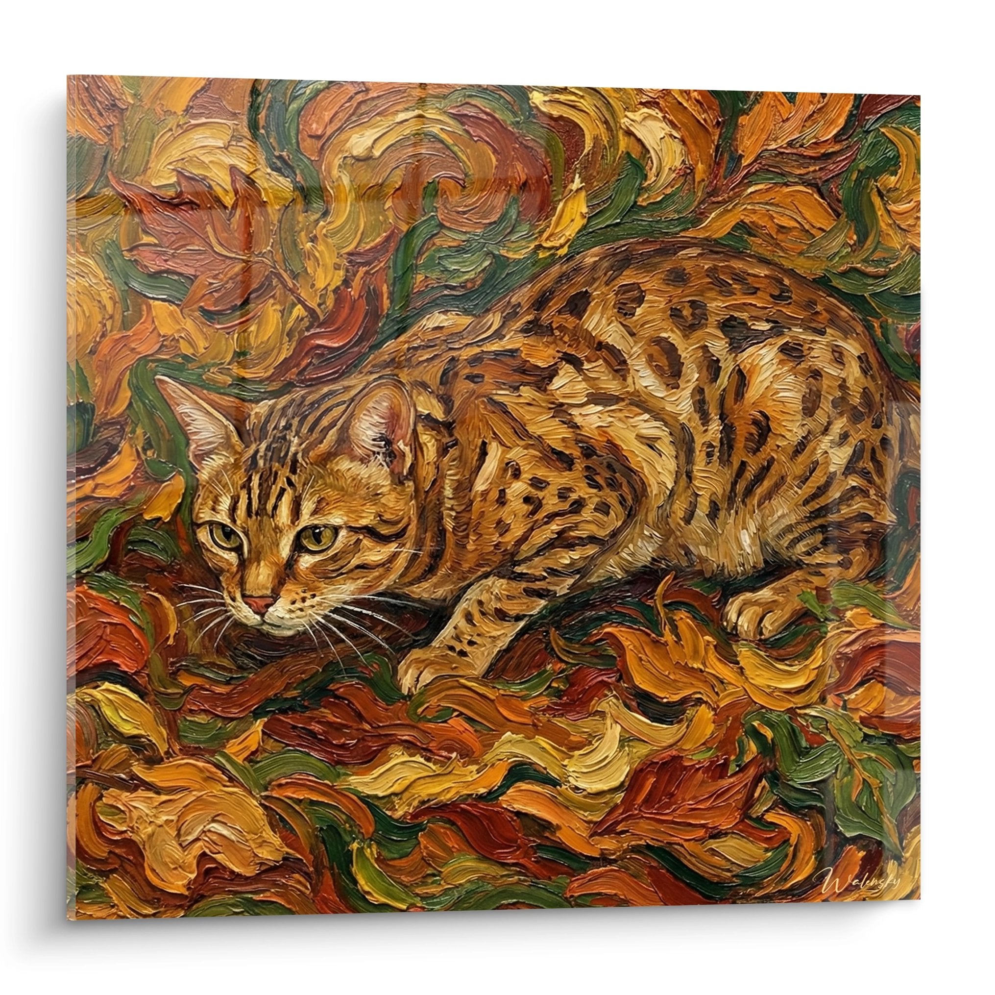 Tableau chat Ocicat style Van Gogh aux couleurs chaudes avec tourbillons expressionnistes sur toile murale