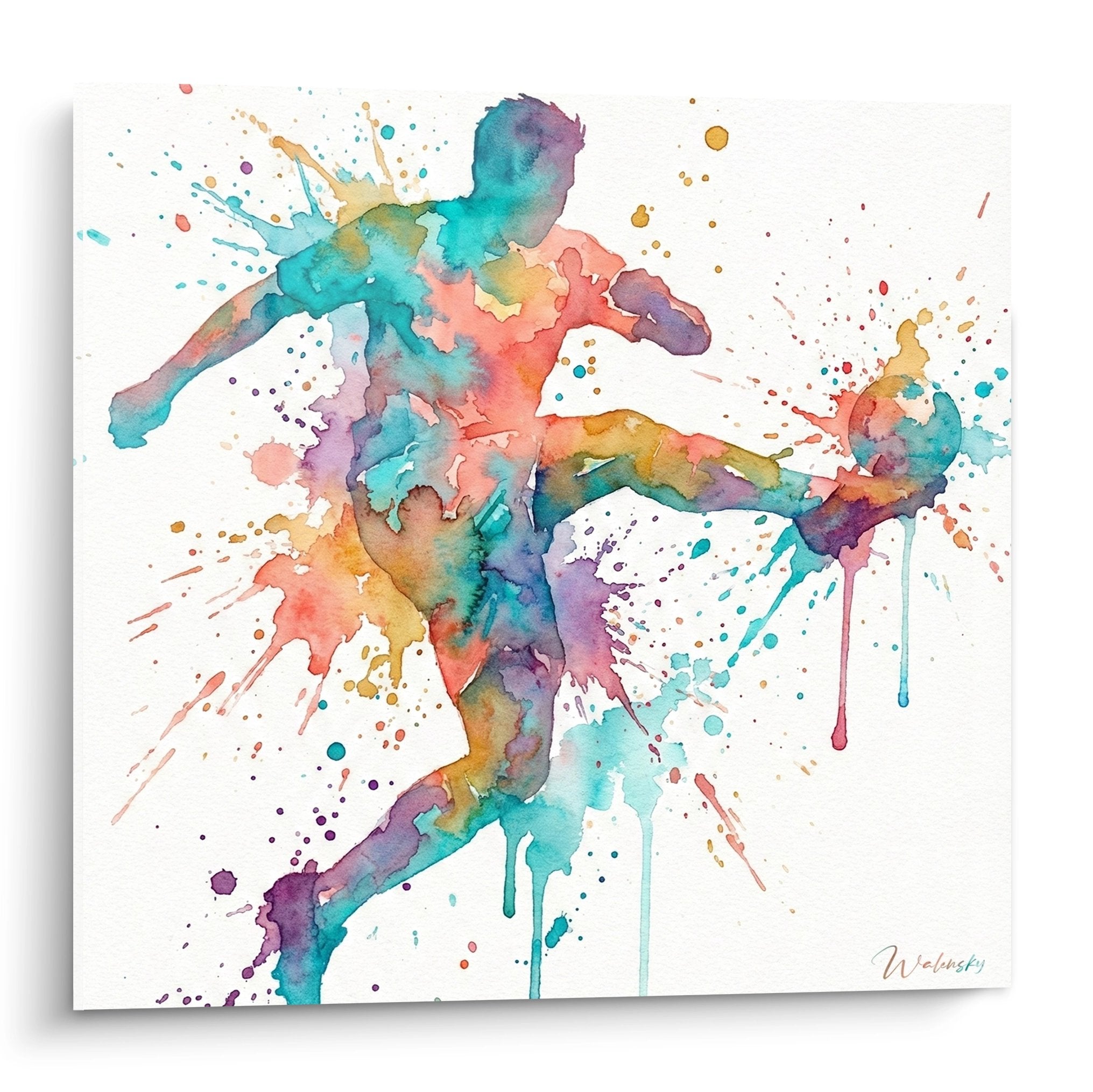 Tableau aquarelle footballeur multicolore avec explosions de couleurs vives et éclaboussures artistiques