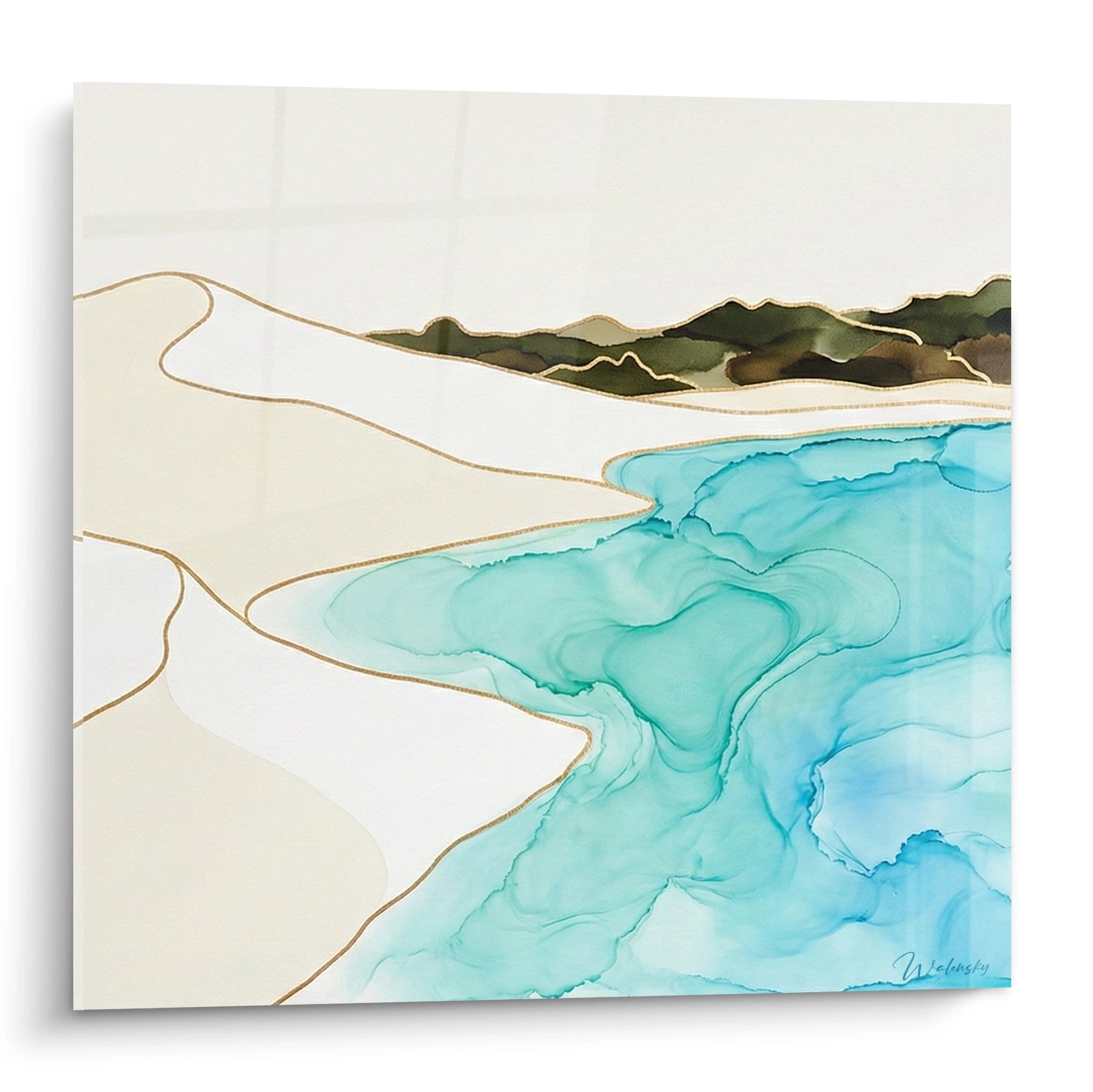 Tableau moderne représentant une calanque corse aux eaux turquoise avec plage de sable blanc et collines vertes