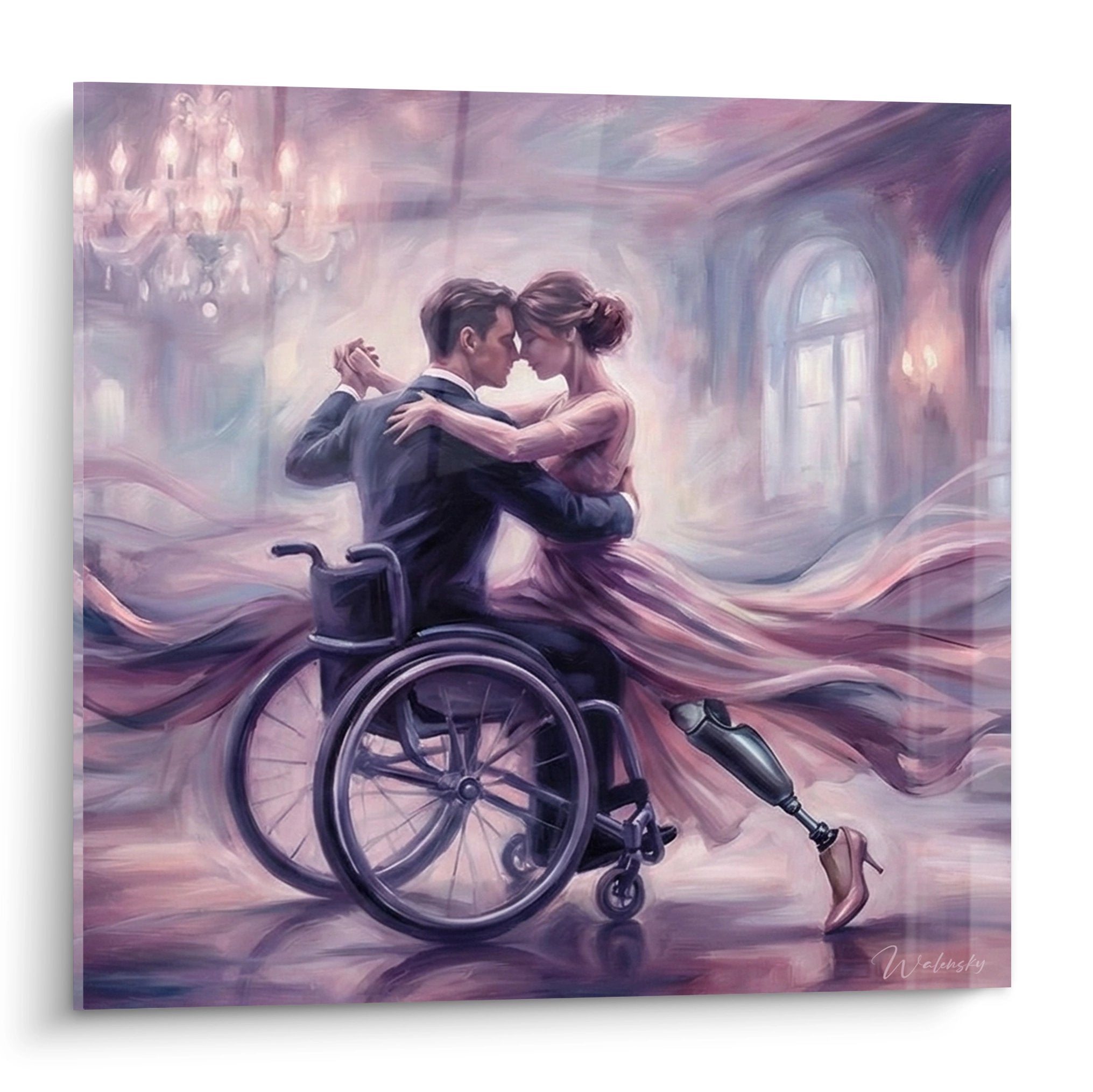 Tableau danse paralympique couple fauteuil roulant salon elegant tons roses violets art inclusif romantique