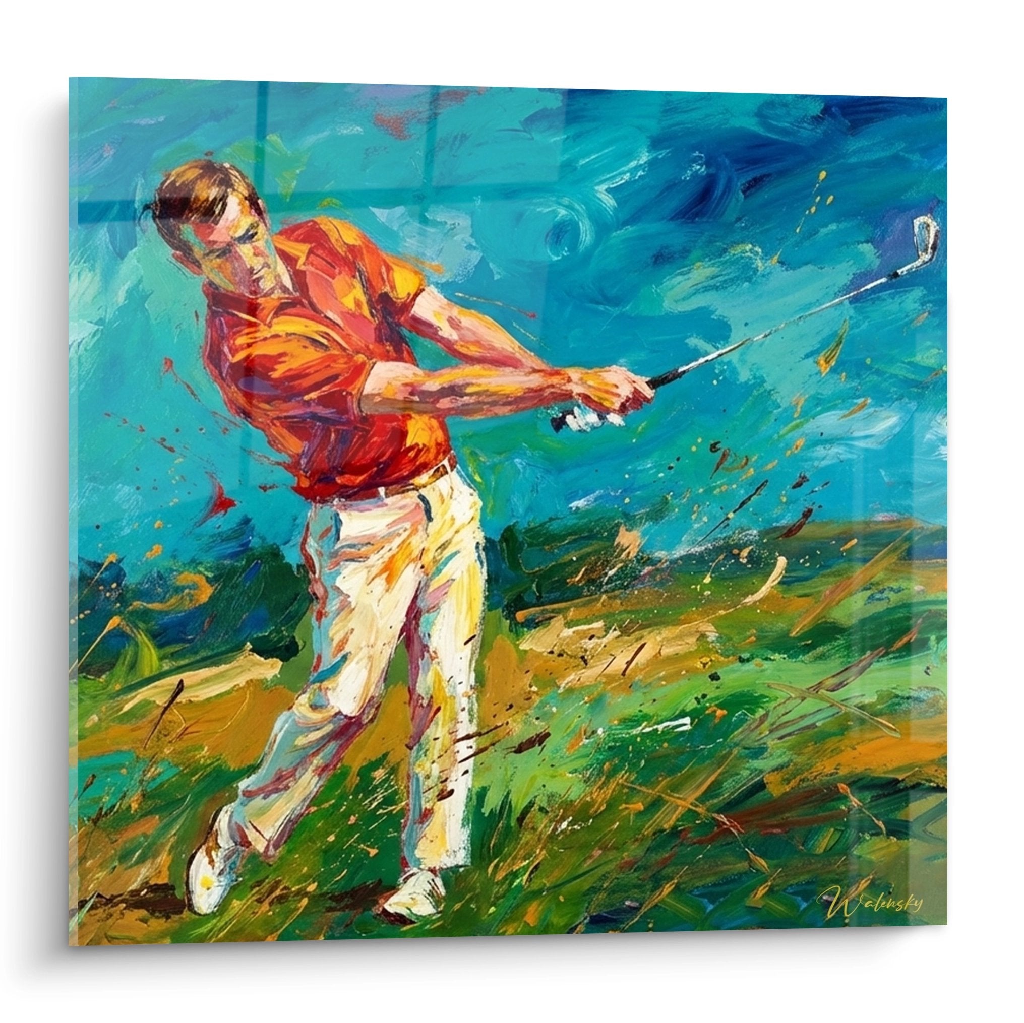 Tableau moderne représentant un golfeur en swing dynamique, polo orange et pantalon blanc sur fond turquoise
