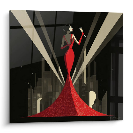 Quadro art deco donna elegante abito rosso lungo in decoro urbano notturno stile vintage glamour anni 1920