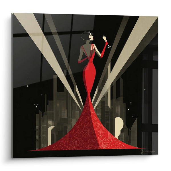 Cuadro Mujer Elegante Vestido Rojo - Glamour Urbano - Edición Art Decó