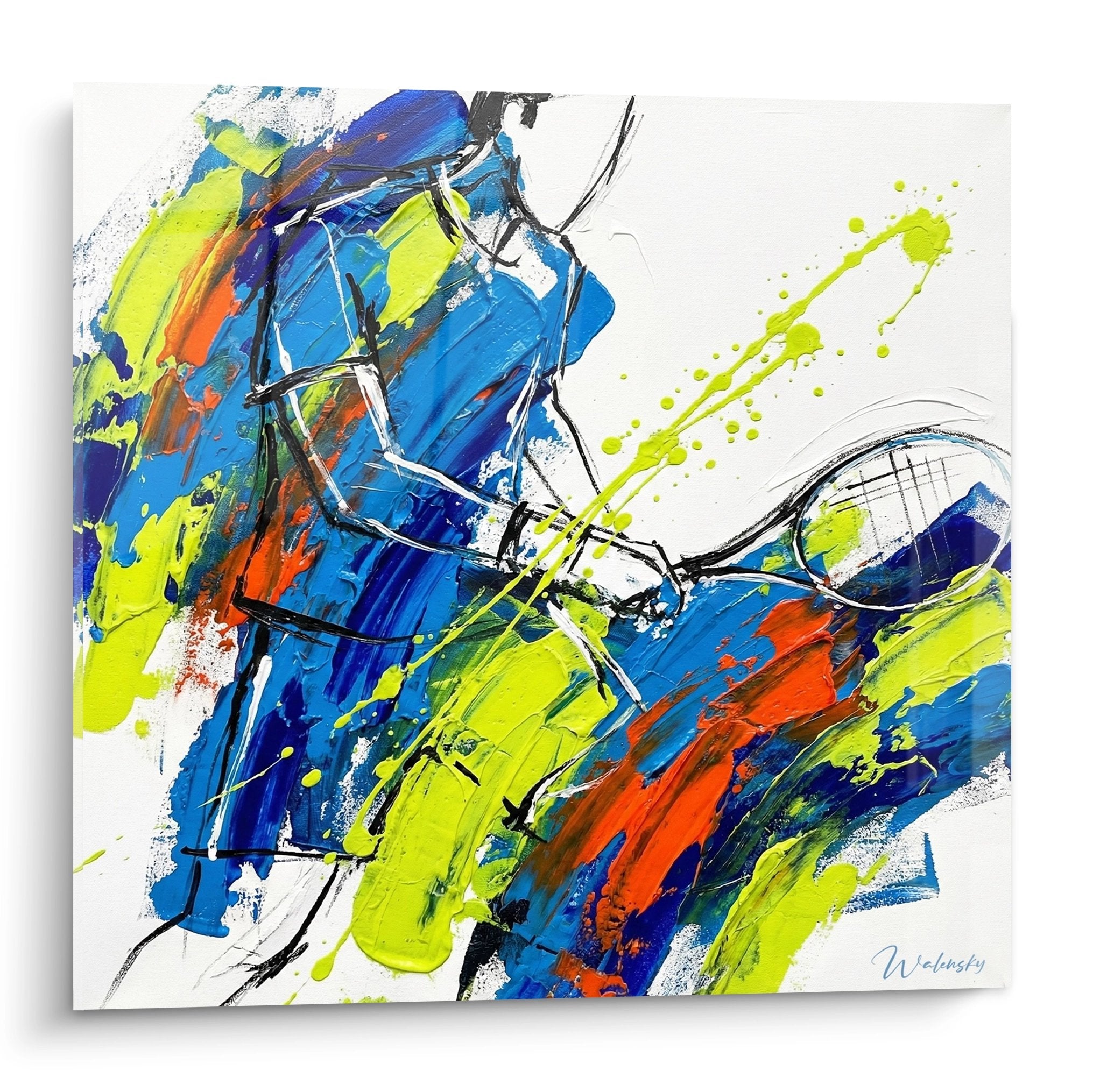 Tableau tennis abstrait moderne aux couleurs vives bleu vert orange, style contemporain dynamique Welinsky