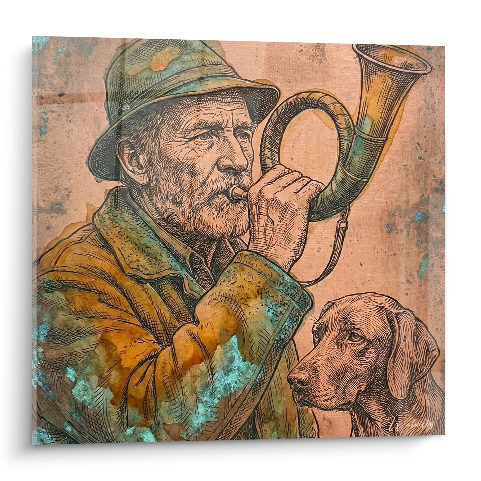 Tableau vintage chasseur barbu sonnant cor cuivre avec chien chasse fidele companion art cynegetique authentique