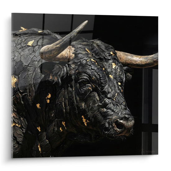 Tableau taureau noir camargais aux reflets dores sur fond sombre pour decoration murale authentique
