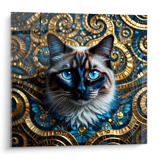 Tableau artistique chat Birman aux yeux bleus sur fond de spirales dorées ornementales style mystique