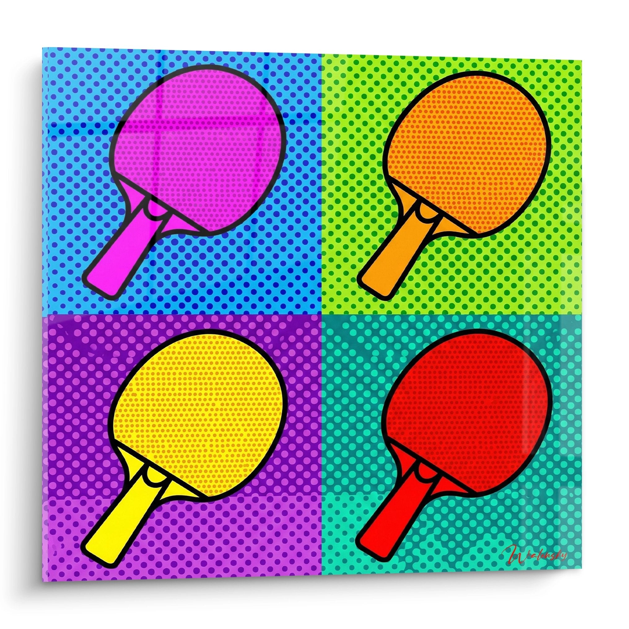 Tableau pop art représentant quatre raquettes de ping pong colorées sur fonds à pois style Warhol